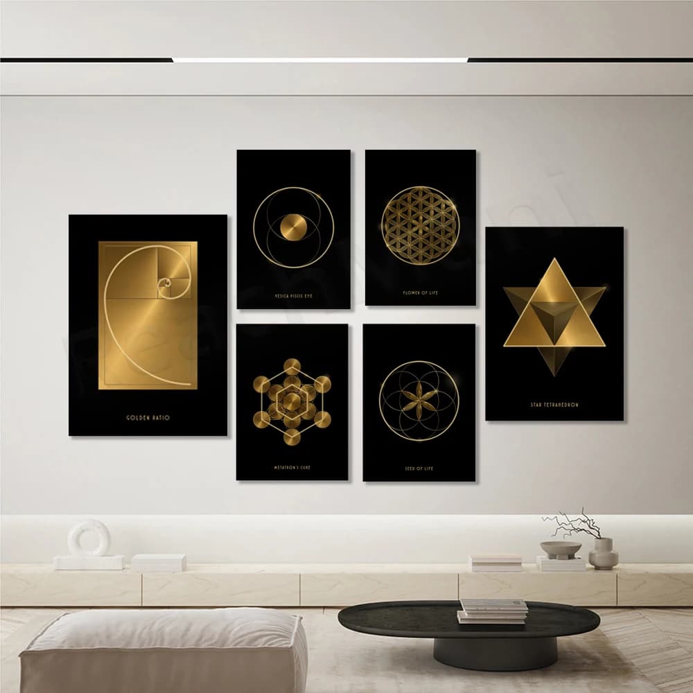 nasturtium, triangle equilateral, seed of life, cube Golden Metatron, flower of golden life, abstract poster with golden sacred relationship