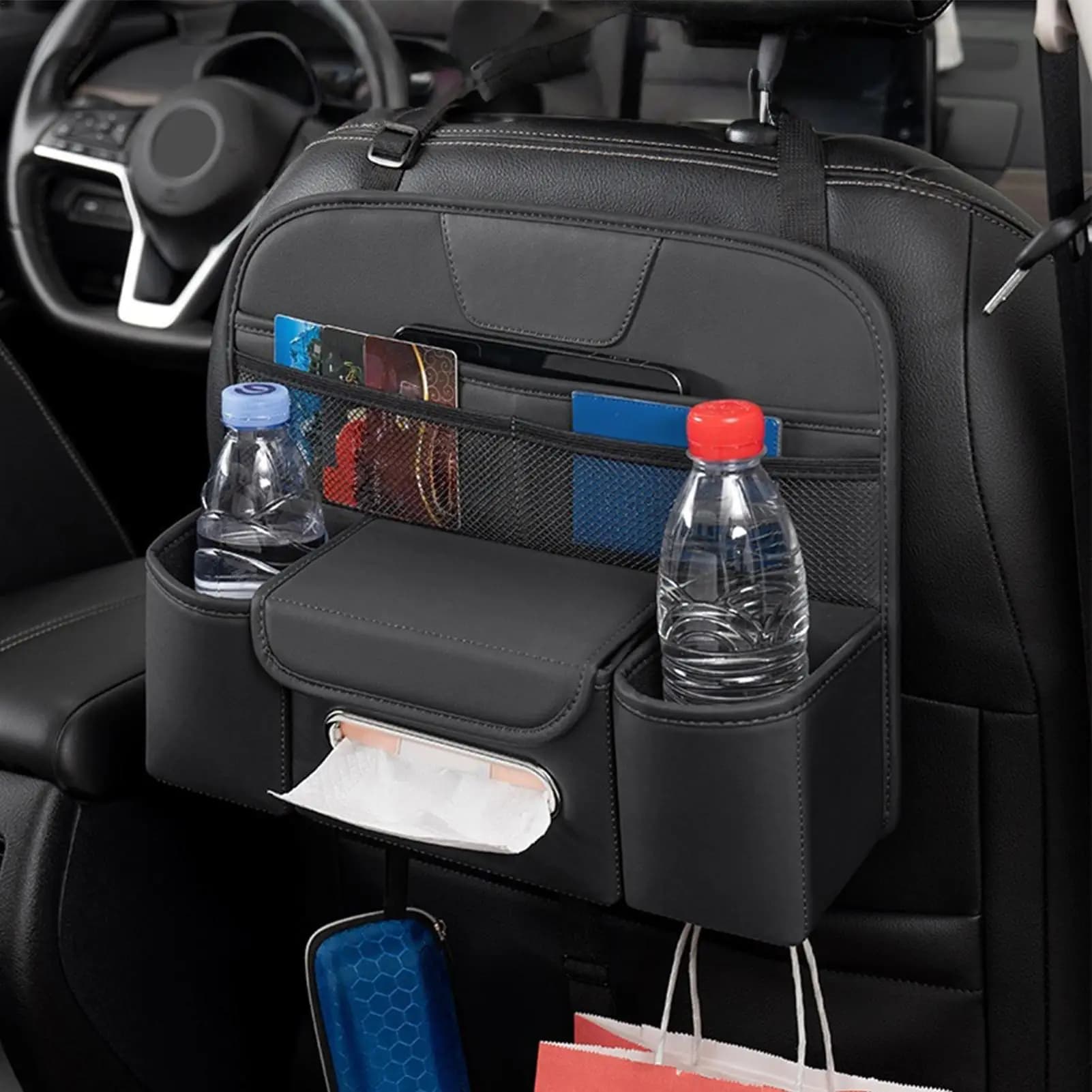 Organizzatore per schienale del seggiolino auto Borsa per l'organizzazione del sedile posteriore automobilistico Portabicchieri Scatola per fazzoletti per veicoli SUV RV Camion Minivani