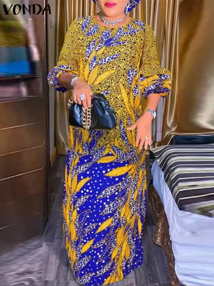 Plus Size VONDA Women's Bohemian Dress 2024 Casual Half Sleeve Stretcher Long Dresses Vintage Printed Summer Dresses Party Dresses