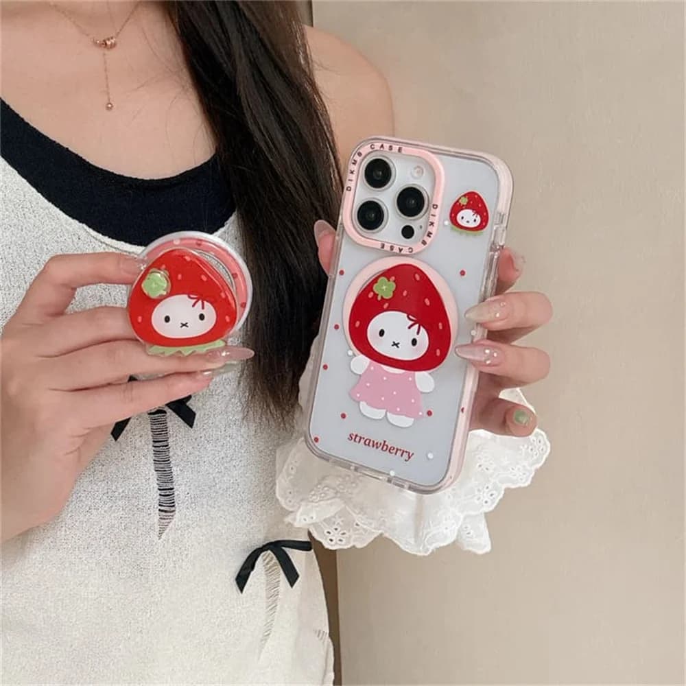 Custodia Magnetica per iPhone 16 15 17 Pro 15 Max 16 Pro Max con Motivo a Pois e Fragole, con Supporto Magsafe e Coniglio Miffy