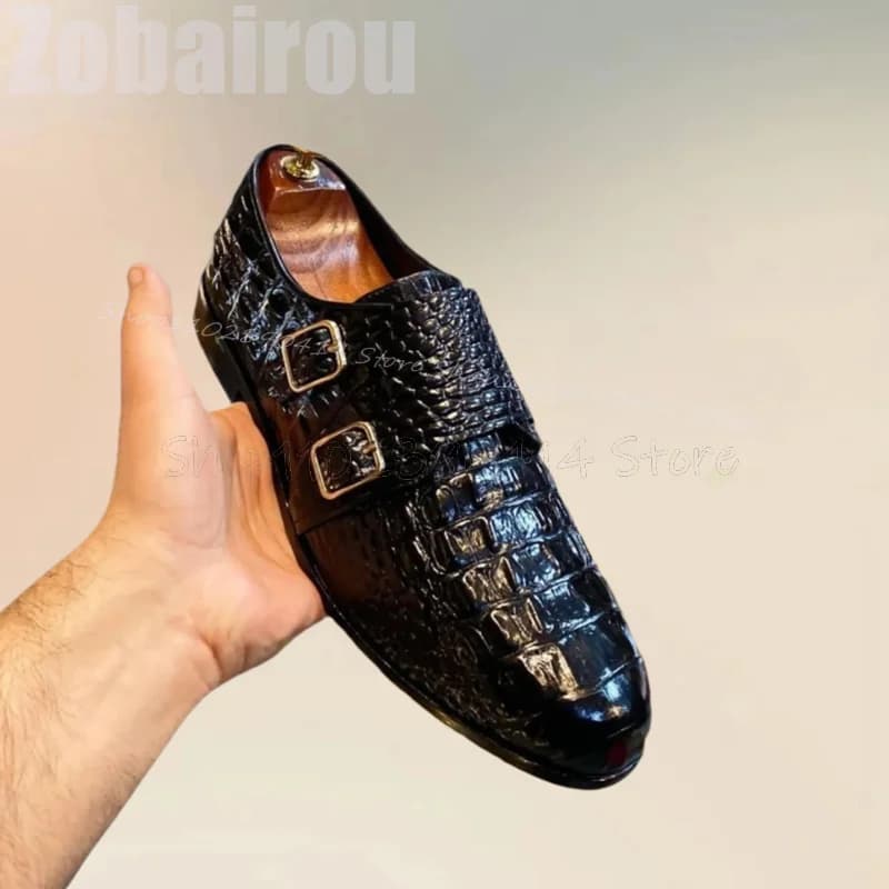 Mocassini doppi monaco con fibbia con stampa coccodrillo nero Moda slip on scarpe da uomo di lusso fatte a mano per banchetti per feste da uomo