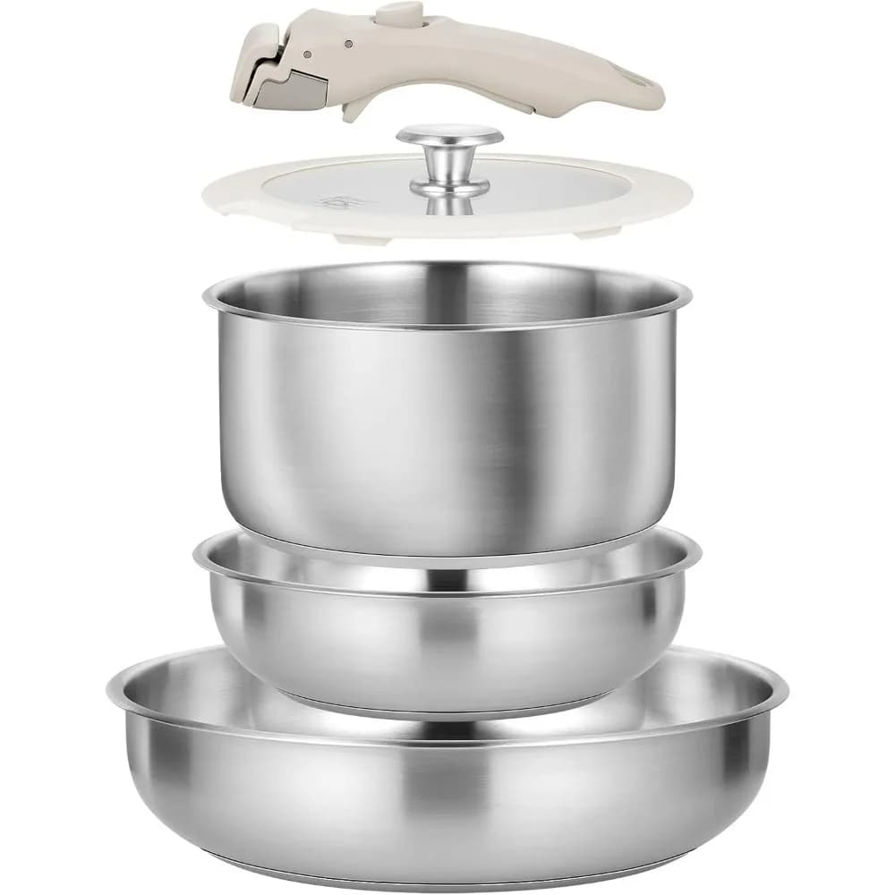 KOCH SYSTEME CS Set di Pentole in Acciaio Inox con Manici Staccabili, 7 Pezzi, Pentola 2QT, Padelle 8 e 10 Pollici, Compatibile con Induzione e Gas