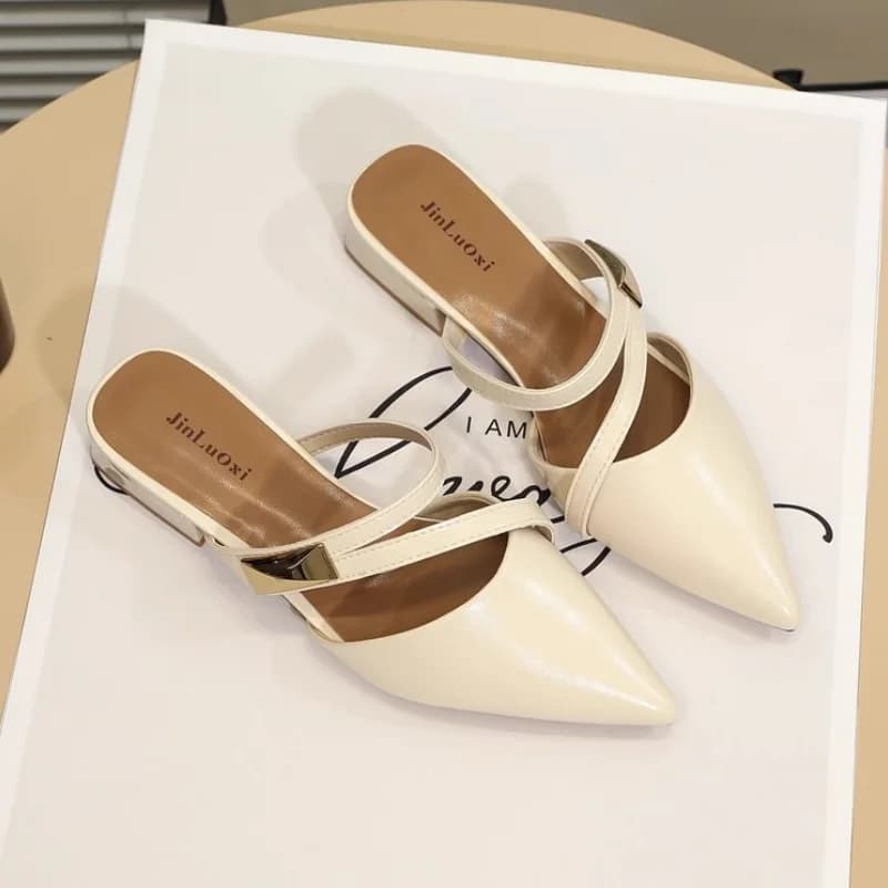 Women Summer Sandals 2026 New Fashion Pointed Toe Slip On Mules Low Block Heel Metal Buckle Backless Casual Office Shoes