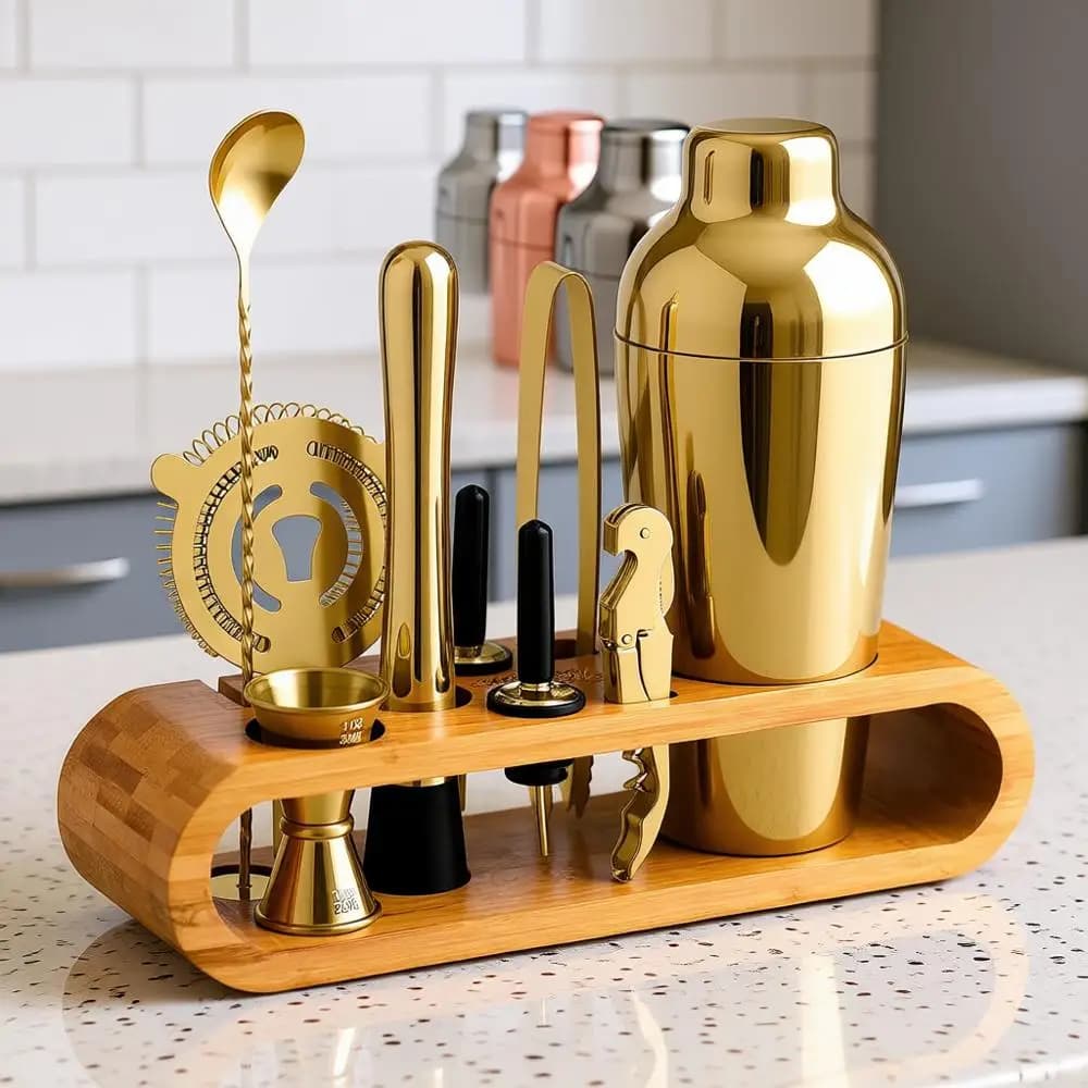 Set Shaker per Cocktail: Kit da Barman 10 Pezzi con Supporto | Set Completo per Bar Domestico con Accessori | Ottimo regalo per l'inaugurazione della casa | Perdita