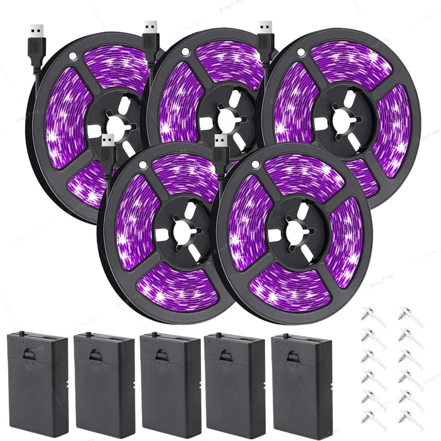 Set striscia luminosa nera USB da 250 cm, luce nera a led da 5 pezzi con scatola batteria, festa fluorescente, festa di compleanno di Halloween, Natale