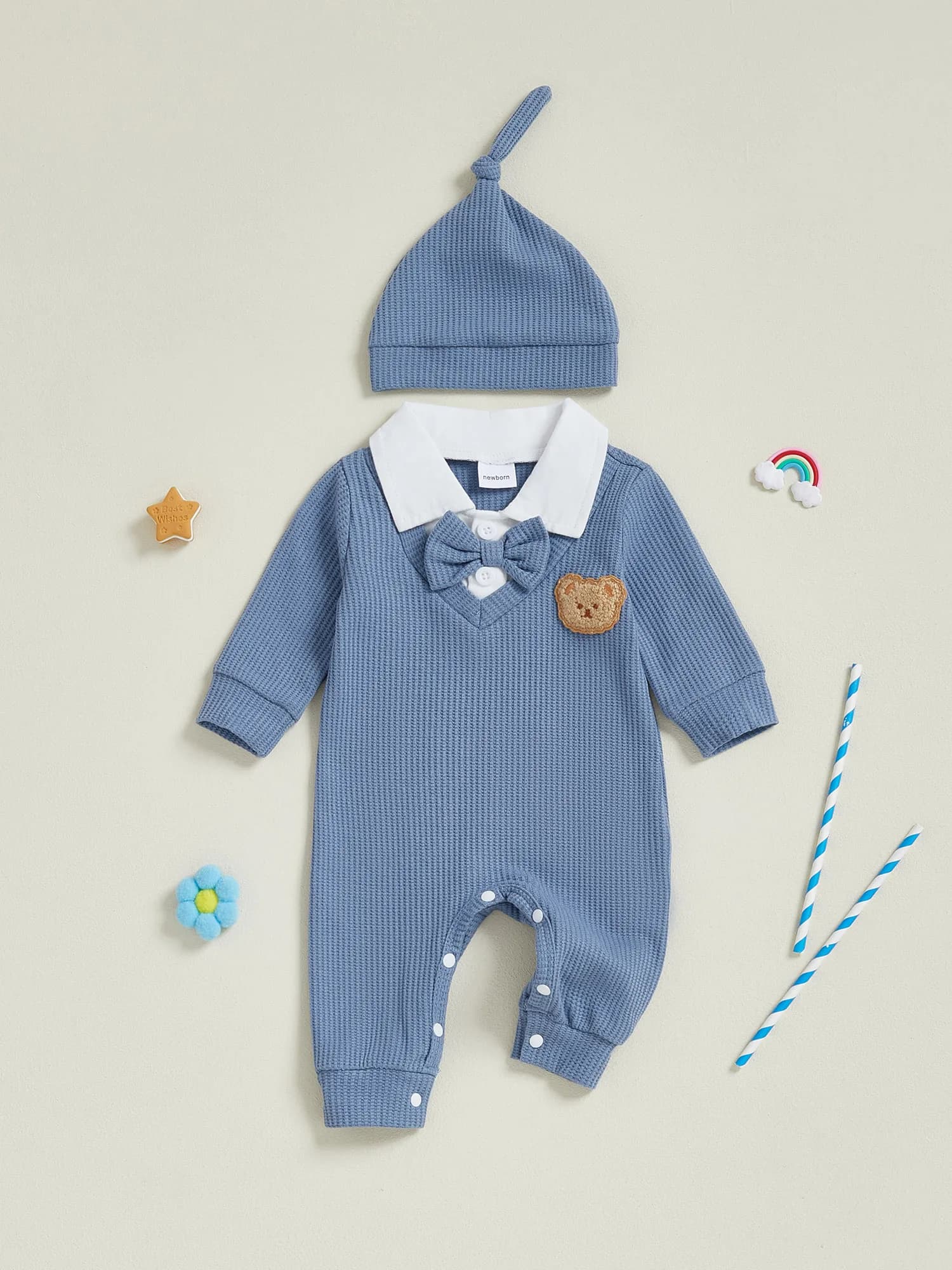 Set strawberry for newborn, short sleeve, collar with volant, suit with floral print, hair band and socks
