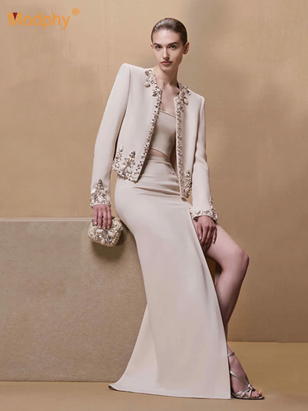 Modphy Nuovo arrivo elegante signora 2 pezzi gonna set perline abito di cristallo giacca a maniche lunghe gonna longuette divisa sottile donna 2 pezzi outfit