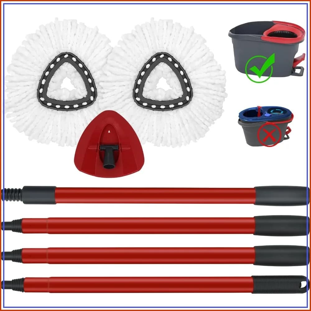Spin Mop Replacement Heads, Handle & Base Set - 2 Microfiber Refills, Adjustable 30-58" Iron Handle, Mop Head Cover - No Bucket