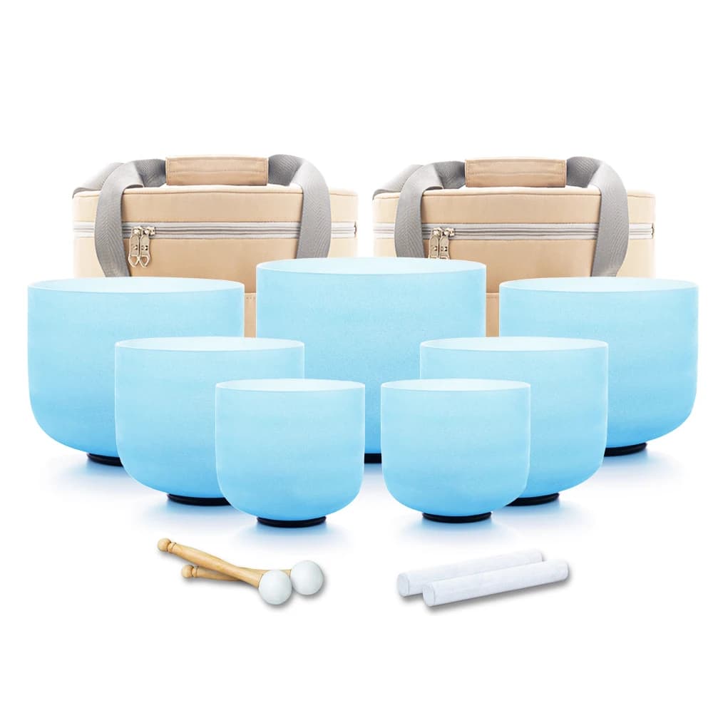 Hye-eun 7pcs CDEFGAB Blue Crystal Singing Bowl Handcrafted Quartz Tibetan Bowl for Sound Healing Therapy Yoga Music Instrument