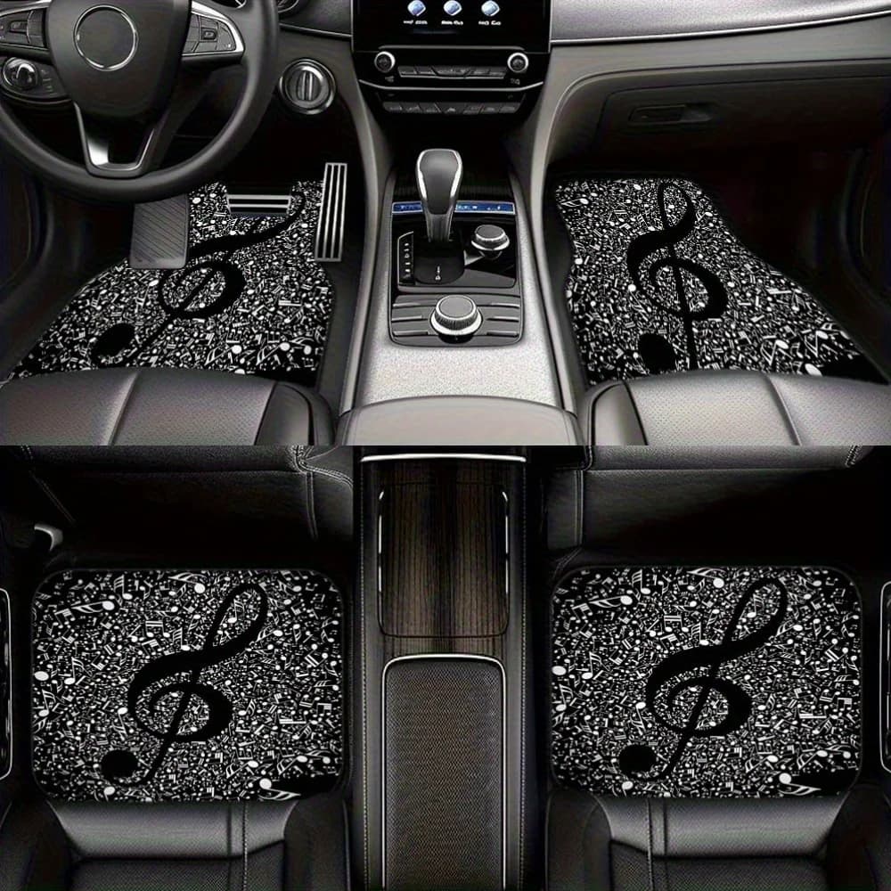 Set di tappetini per auto con stampa di note musicali da 4 pezzi - Accessori interni per auto a copertura totale anteriore e posteriore, pavimento per veicoli in velluto di cristallo M
