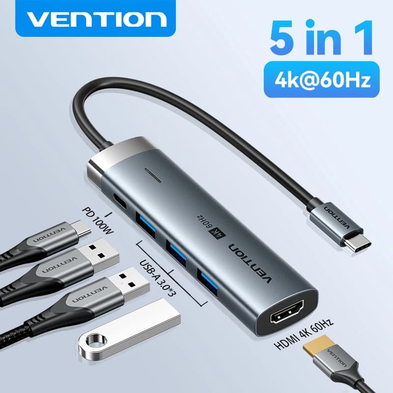 Vention Hub USB C 5 in 1 4K 60Hz HDMI, Hub USB 3.0, Adattatore Docking Station Multiporta PD 100W per MacBook, Dell, iPhone, iPad, Android