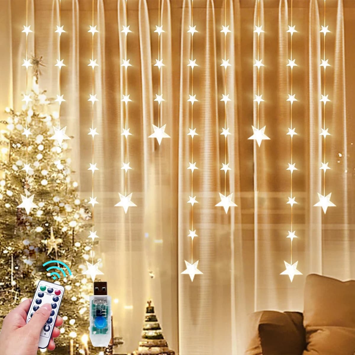 1pc 120 luci per tende a stella a LED appese stella fata atmosfera finestra ghirlanda lampada alimentata tramite USB con telecomando per la decorazione domestica
