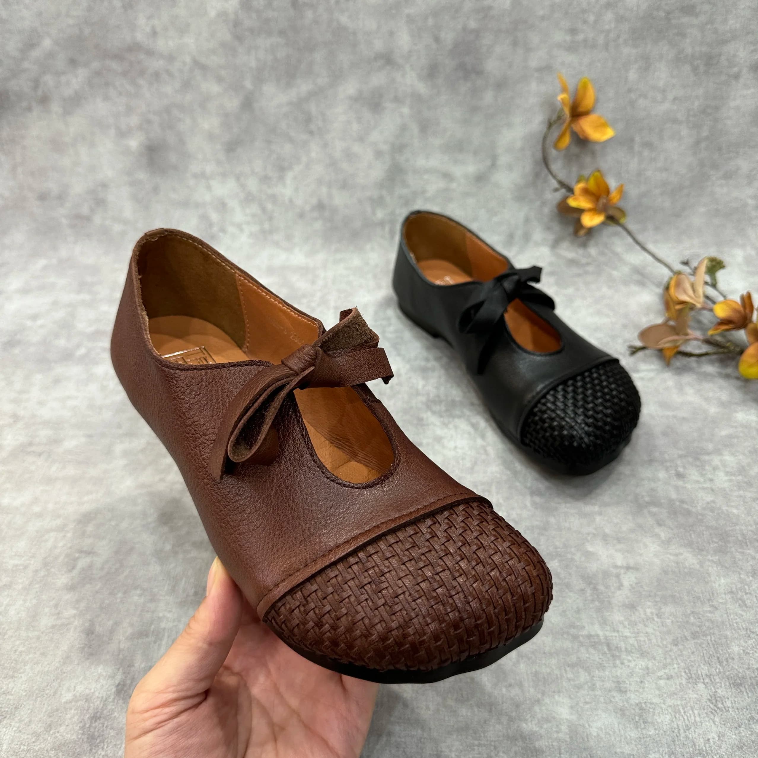 Birkuir Retro Flats Shoes For Women Lace Up Weave Spring Genuine Leather Soft Soles Luxury Genuine Leather Lazy Casual Shoes
