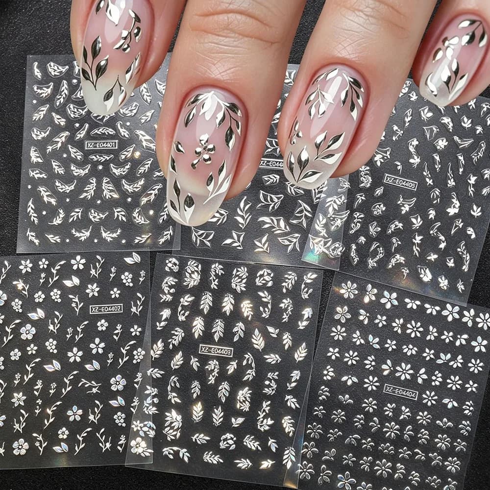 6pcs/set Shiny Metal Leaf Flower Nail Art Sticker Y2K 3D Metallic Leaves Nail Decal 8*10cm Self-Adhesive Flower Leaf Nail Decora
