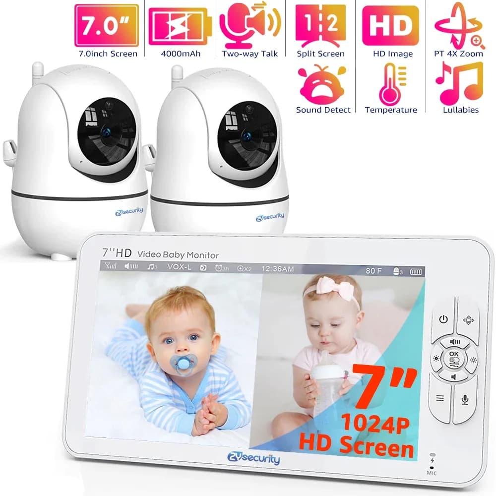 Baby monitor video da 7 pollici con 2 telecamere 355 ° Padella 120 ° Inclinazione Telecamera per bambini con zoom 4X Interfono bidirezionale Visione notturna automatica Video per bambina