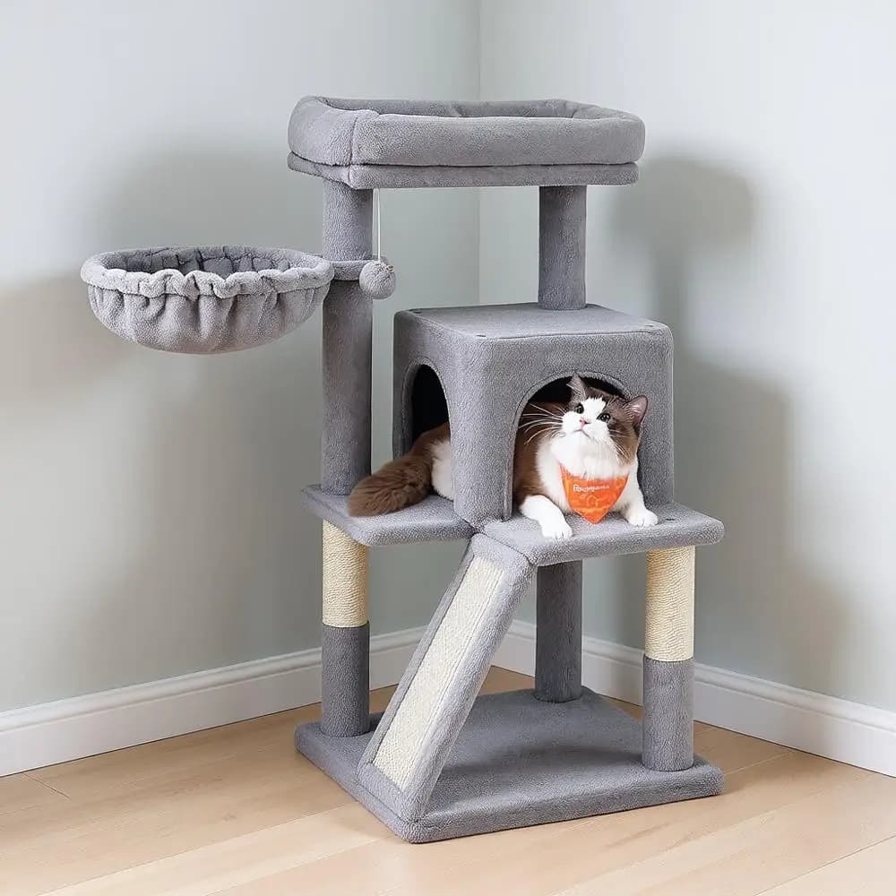 Torre per Gatti da 96 cm, Condominio Multi-Livello con Posatoio Allargato, Tiragraffi, Grotta a 2 Porte, Amaca, Grigio Chiaro