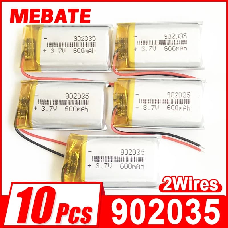 Lot 10 PCS 3.7V 600mAh Lipo Polymer Lithium Rechargeable Battery 902035 For MP3 GPS DVD Bluetooth Recorder Speaker E-book Camera