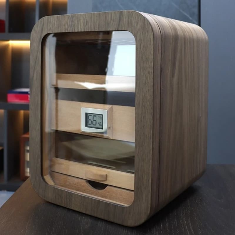 Umidificatore Custodia per sigari Armadietto per sigari in legno Scatola di immagazzinaggio per sigarette di grandi dimensioni di lusso Accessori per umidificatori per fumatori in vetro trasparente