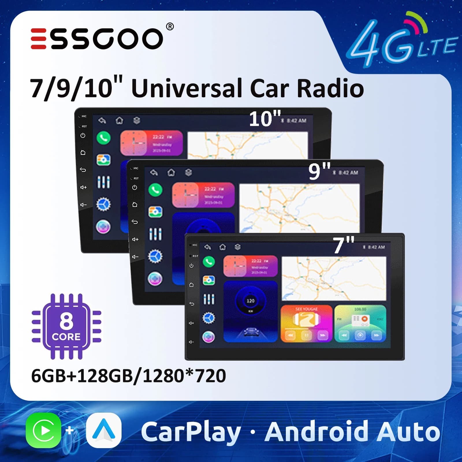 ESSGOO 7 9 10 "Carplay Autoradio Android Auto Car Stereo Lettore multimediale 6GB 128GB Universale Autoradio Sistema intelligente per auto