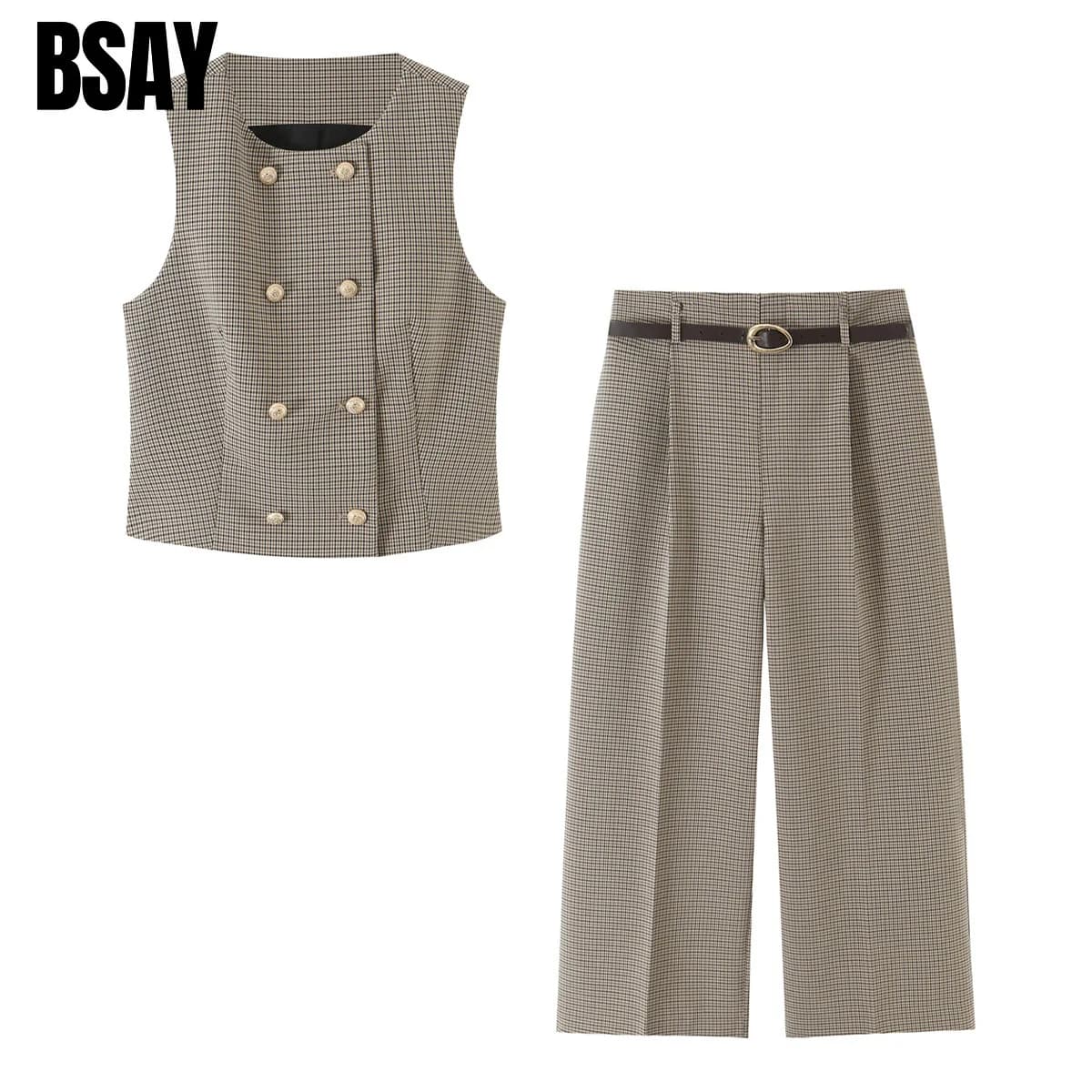 BSAY Vintage Plaid 2 Piece Women Outfit Sleeveless Cropped Vest High Waist Belted Wide Leg Trousers Formal Office Matching Set
