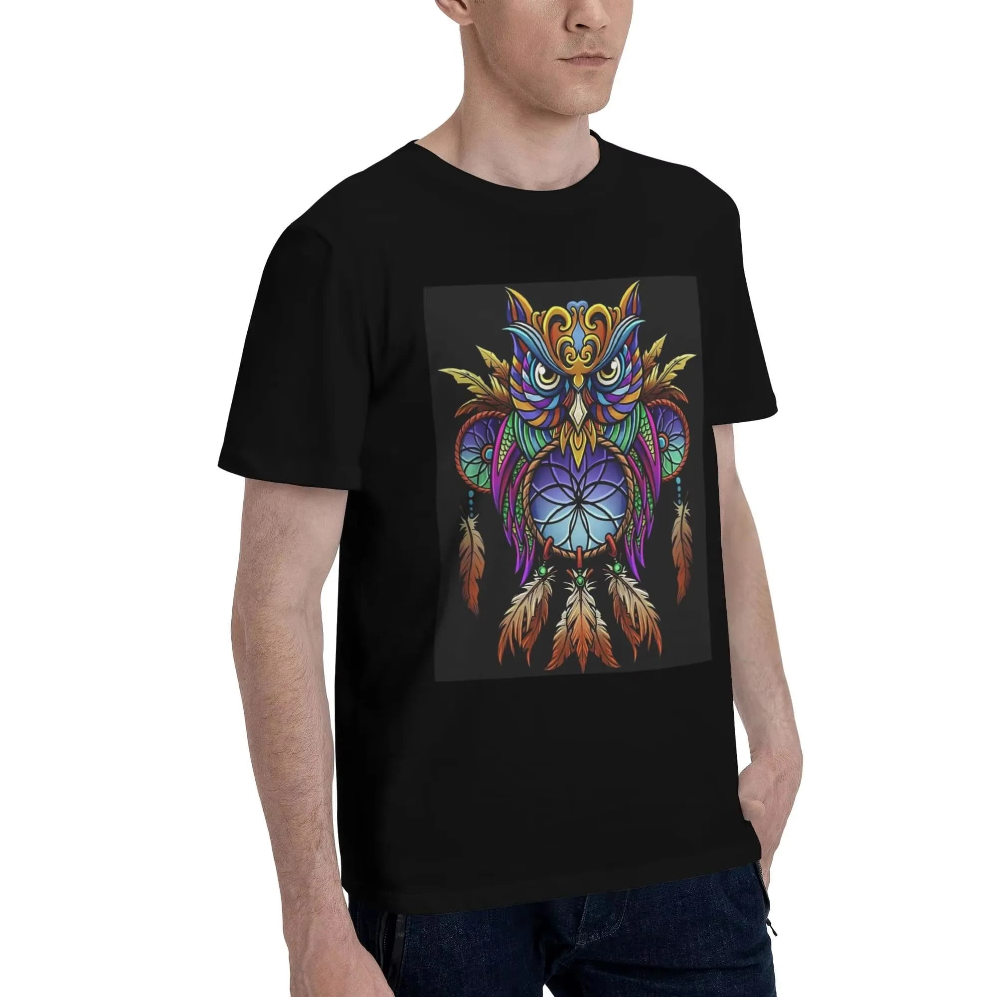 Bohemian Owl Dreamcatcher Graphic Print Men's Cotton Crew Neck T-Shirt Casual Short Sleeve Tee