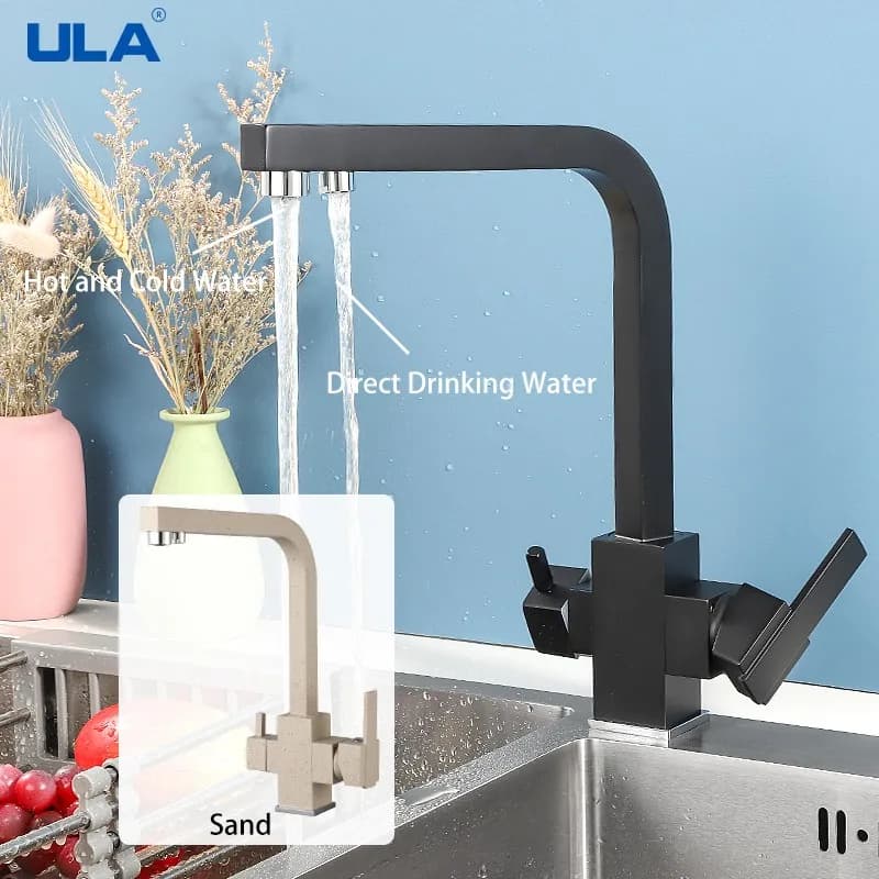 ULA Black Filtered Kitchen Faucet 360 Rotation Water Filter Tap Three Ways Kitchen Sink Mixer Drinking Water Hot Cold Water Tap