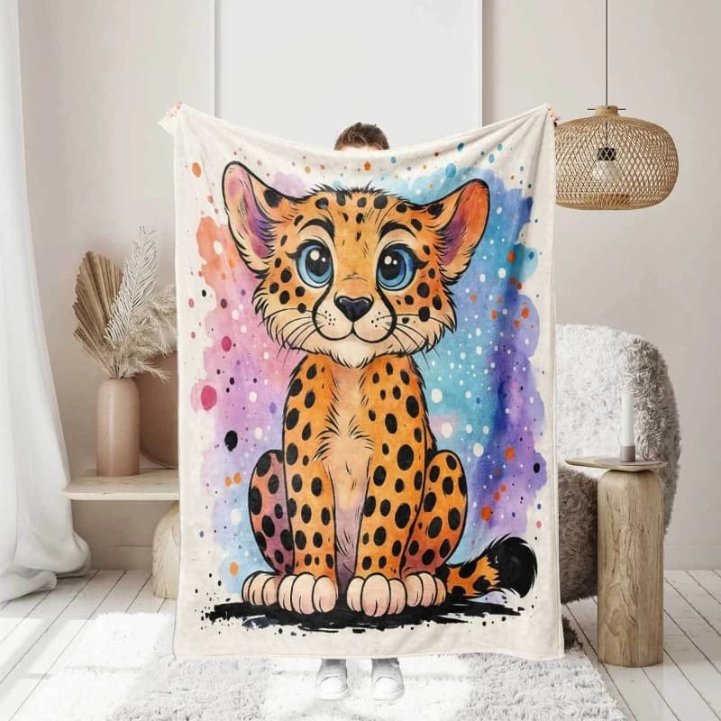 Cute Watercolor Cheetah Pattern Flannel printed blanket suitable for all seasons suitable for living room office sofa and travel