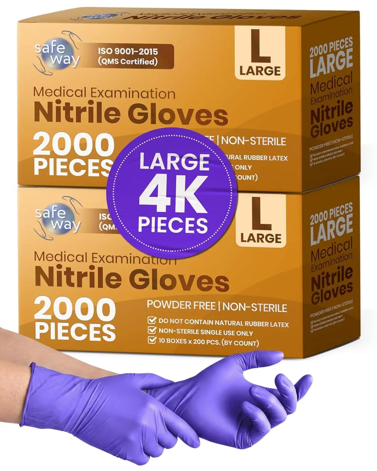 Quattro Mille Pezzi di Guanti Monouso in Nitrile Grandi, Senza Polvere, Senza Lattice, con Punte delle Dita Texturizzate, per Uso Medico, Infermieristico e Laboratorio
