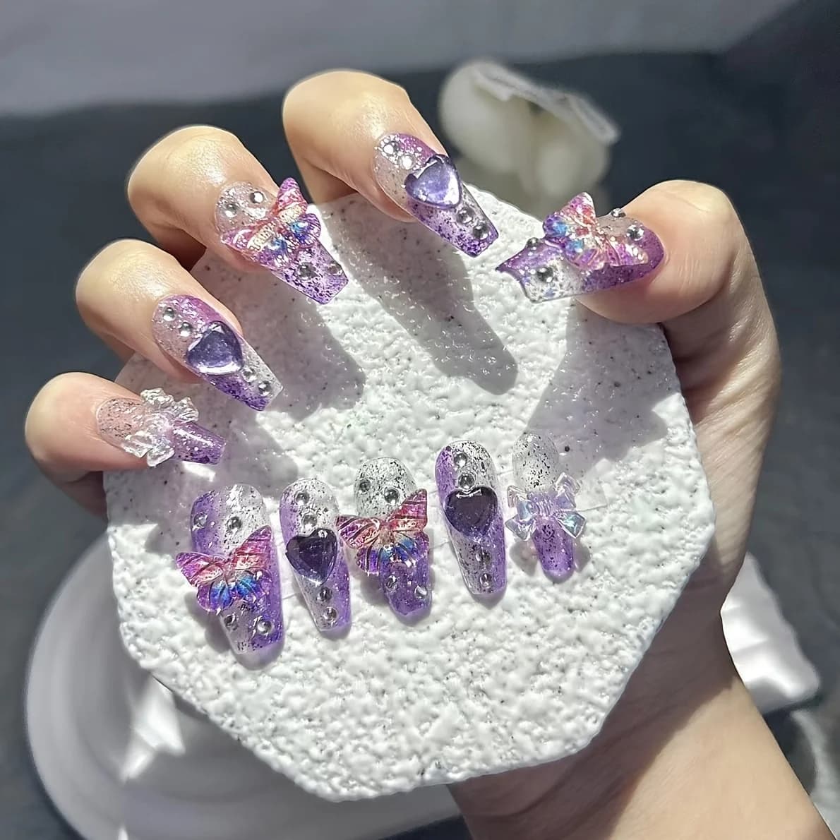 10 pezzi viola fantasia farfalla unghie finte cuore diamante scintillante nail art patch Y2K Spice Girls unghie indossabili fatte a mano
