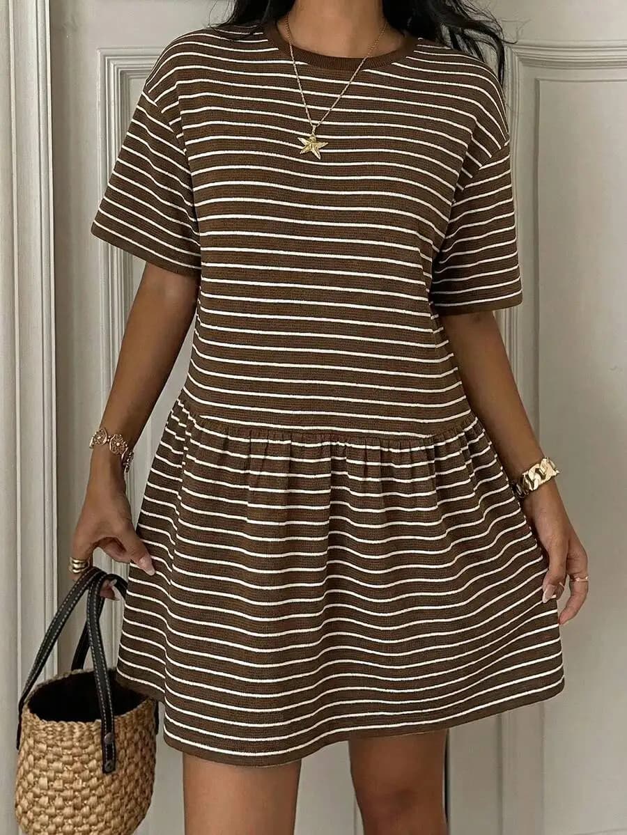 Brown Striped Knit Loose Babydoll Dress Women Short Sleeve Casual Summer Dress