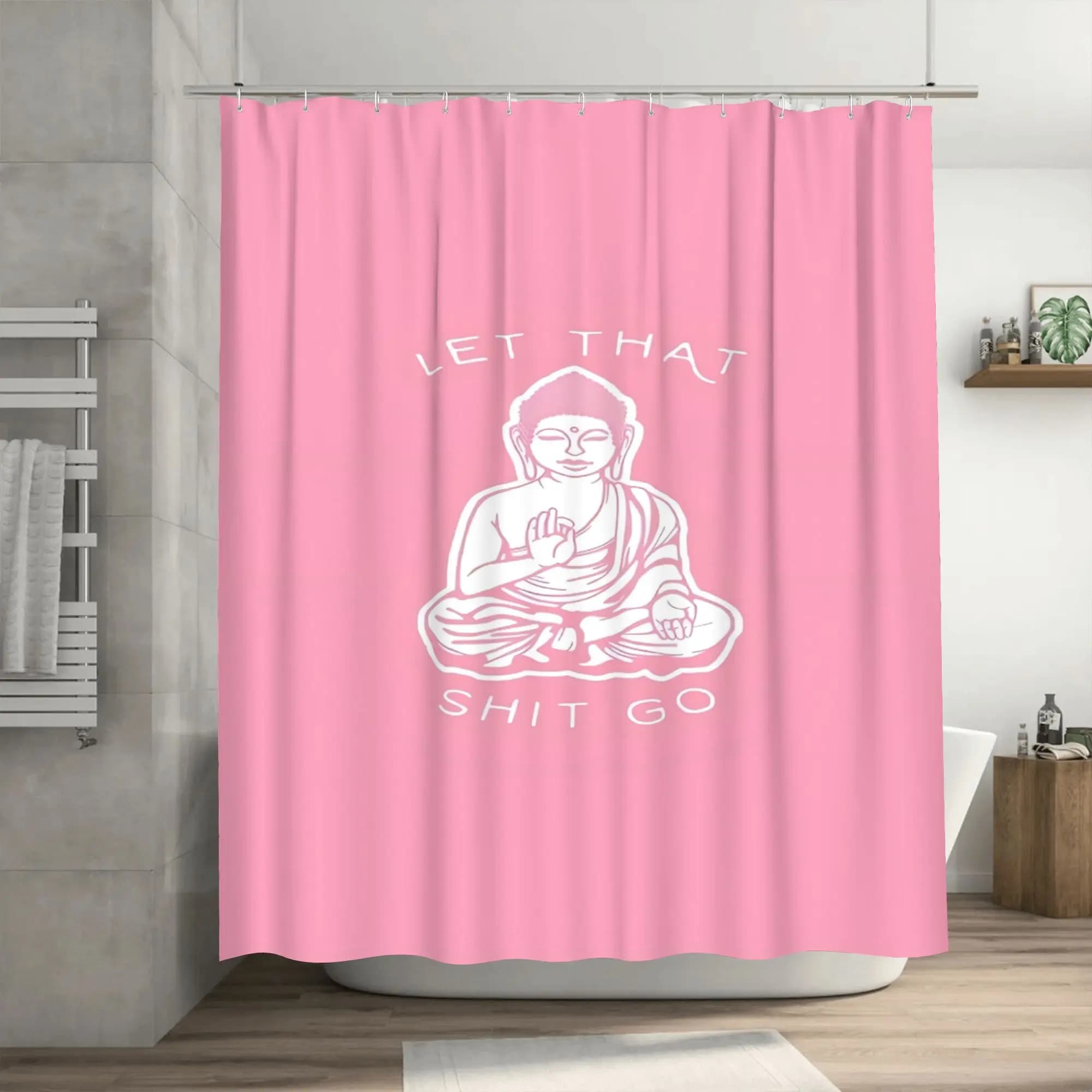 Tenda da doccia Let It Go, grafica Buddha rosa con citazione ispiratrice, decorazione da bagno lavabile in lavatrice con occhielli