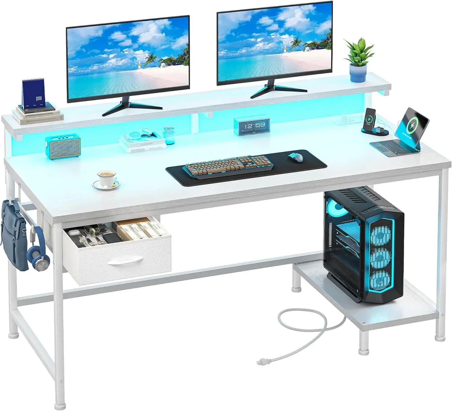 Scrivania per Computer con Supporto Ergonomico per Monitor e CPU, Scrivania da Gaming da 120 cm con 1 Cassetto, Presa di Corrente e Luci LED per Lavoro da Casa