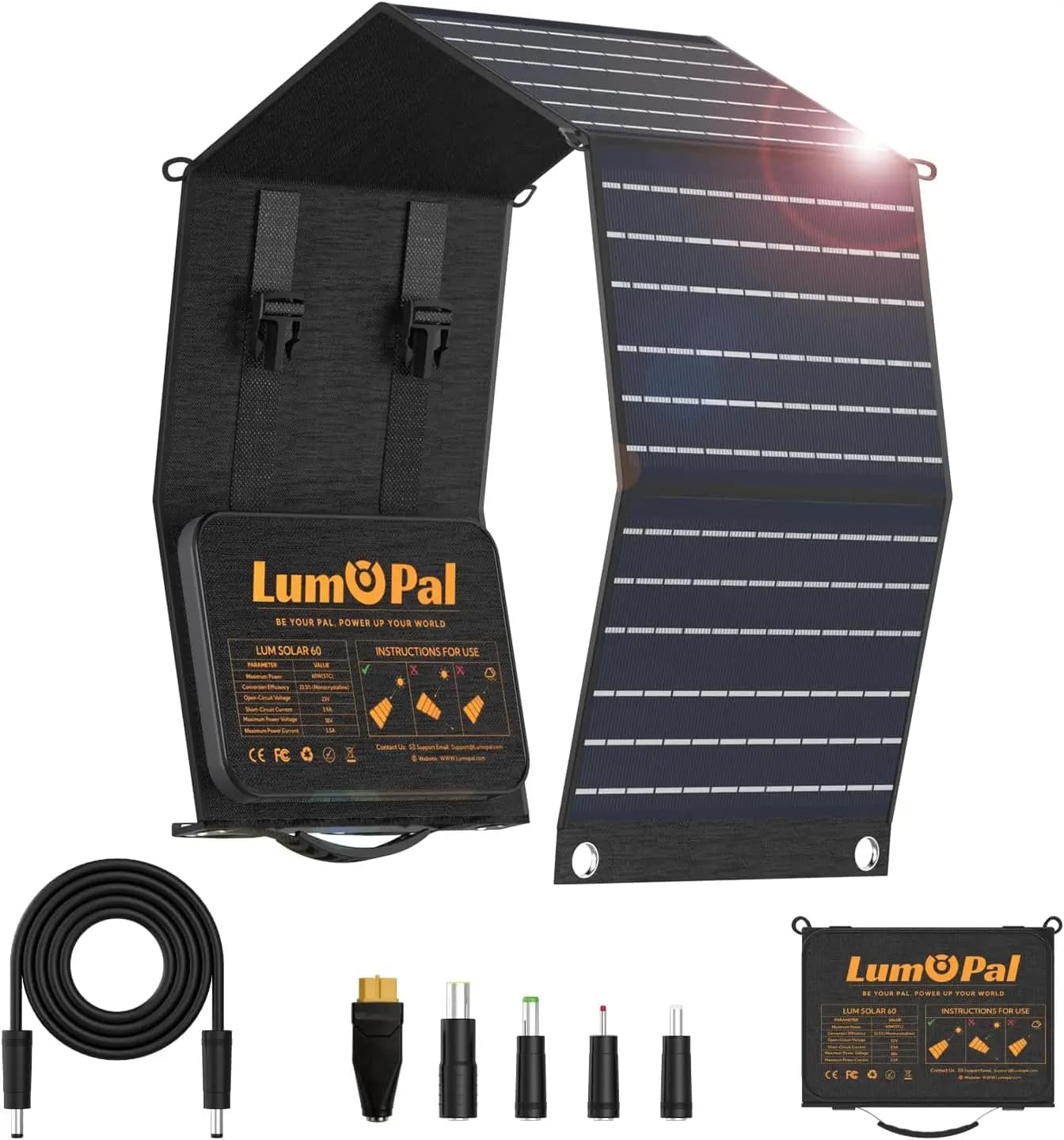 Pannello Solare Pieghevole da 60W con USB-C PD60W e QC3.0, Portatile per Campeggio e Escursionismo