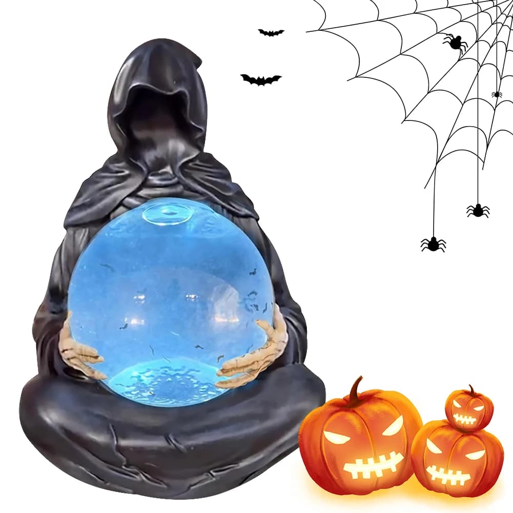 Statua di Grim Reaper con pipistrelli volanti Sfera di cristallo Le sfere di cristallo di Dio della morte per la decorazione della statua di Halloween da scaffale
