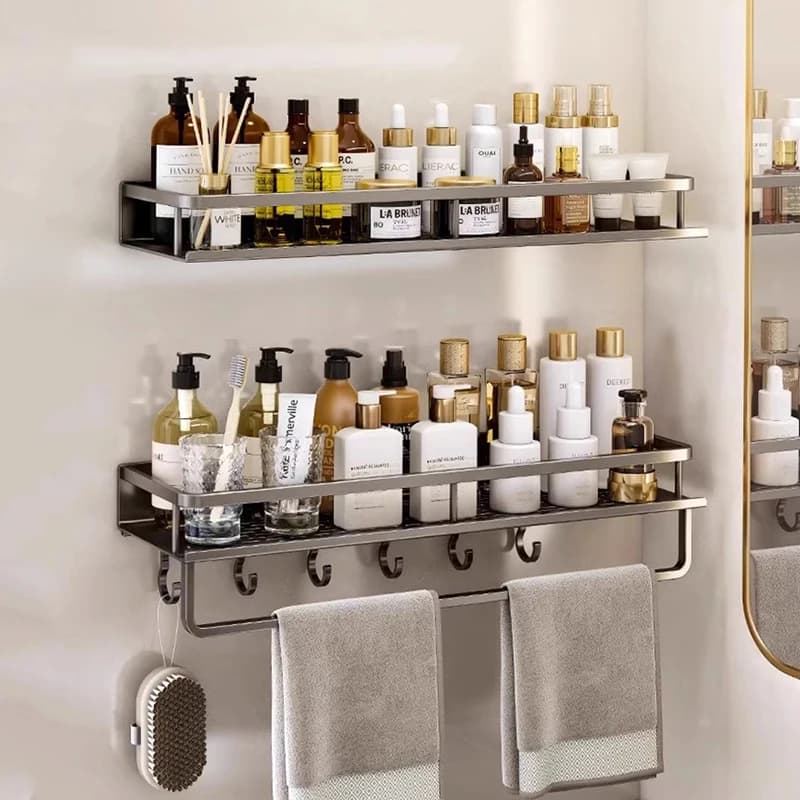 Mensola da bagno con portasciugamani Mensola da doccia da bagno in alluminio grigio montata a parete Porta shampoo da bagno nero Porta cestino Mensola angolare