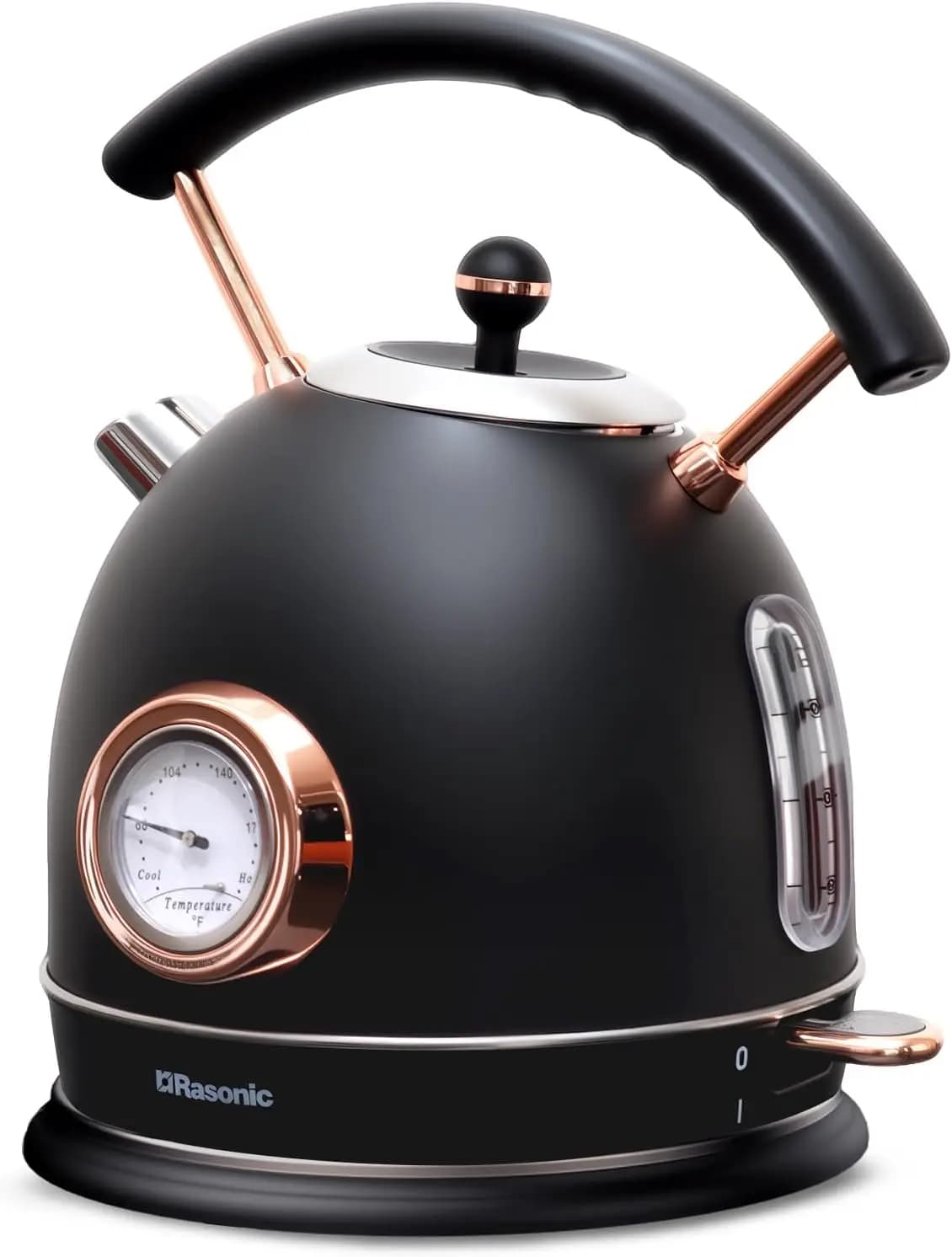 Home Use Stainless Steel Matt Black and Rose Gold Electric Kettle with Temperature Gauge