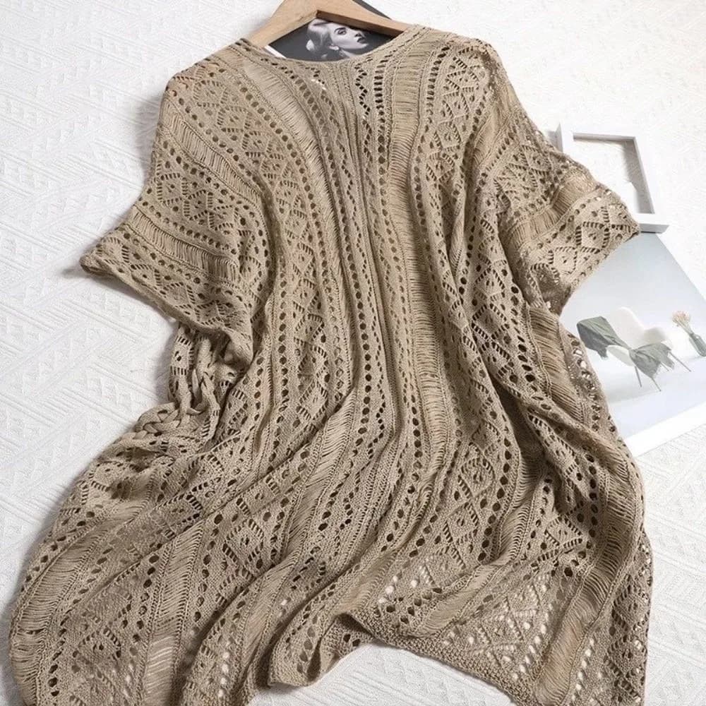 Oversized Hollow Out Swimsuit Cover Up Crochet Sweater V-neck Knitted Bikini Cover Up Loose Fishing Net Beach Wear Pool