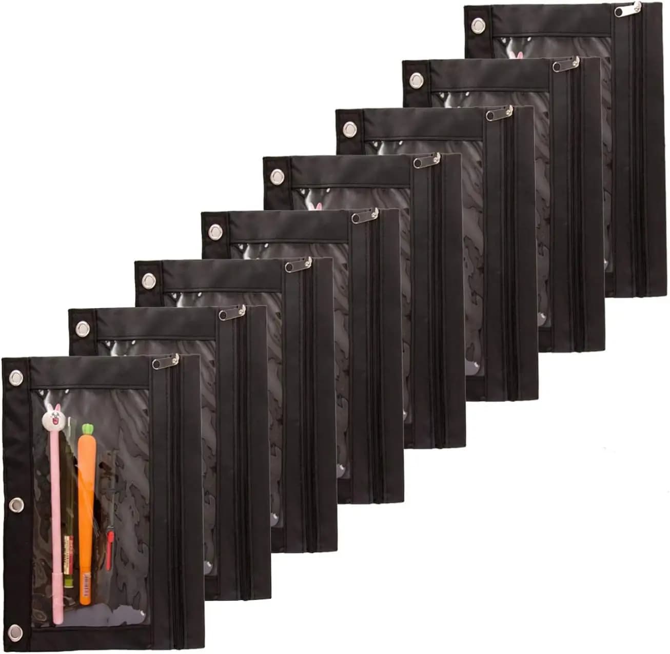 Astuccio con Cerniera e 3 Anelli per Raccoglitore Scolastico, Custodia Trasparente con Finestra, Confezione da 8, Nero