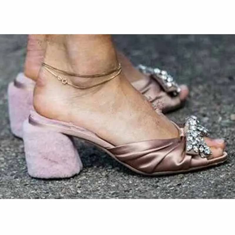 Summer Color Pink Silk Wool Peel Cube Heel Women's Piston Heel Med Tacchi Spessi Open Toe Bling by Strass Sandal Woman Slingback heels shoes