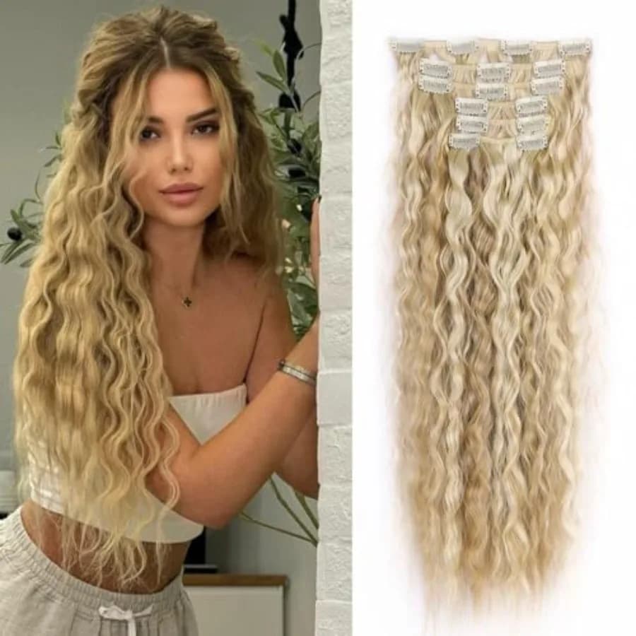 Clip in Hair Extensions, 6PCS Hair Extensions 22" Synthetic Long Curly Wavy Blonde Highlights hair extensions Natural Thick Dee