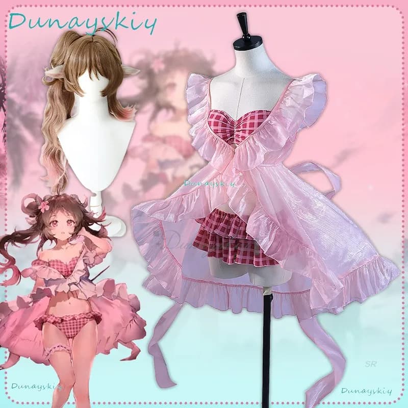 Eyjafjalla Swimsuit Pink Game Cosplay Sunset Costume Swimsuit Split Wig Full Set Halloween Carnival Party Dress