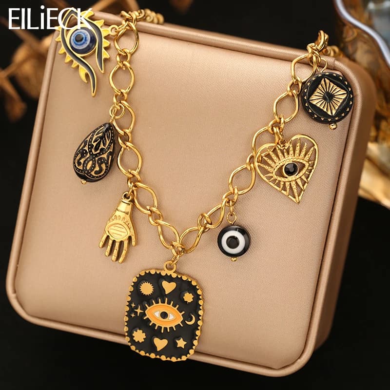 EILIECK 316L Stainless Steel Vintage Eyes Pendant Necklace For Women Trendy Waterproof Neck Chain Bohemian Style Jewelry Gift