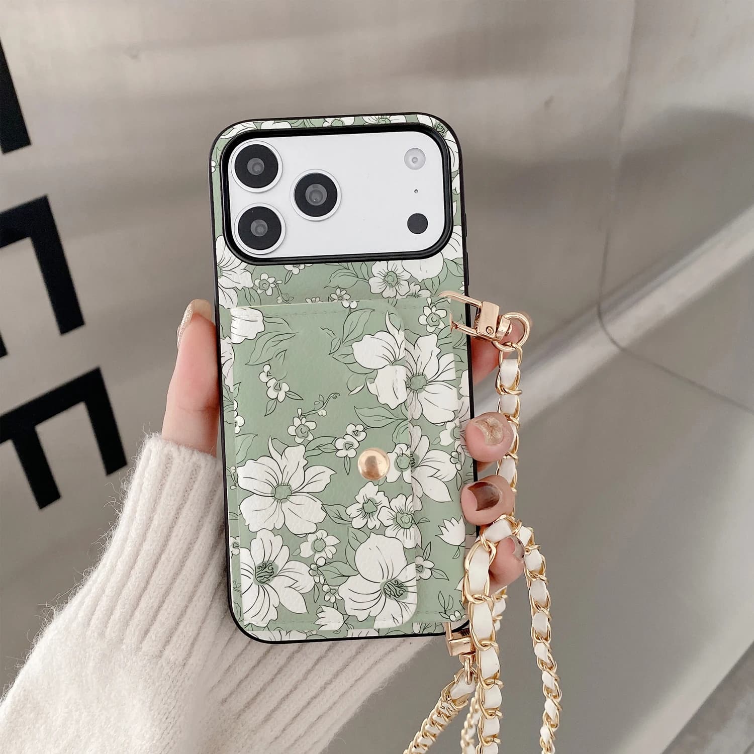 Mint Green Pebbled PU Leather Phone Case For iPhone 17/16/15/14 11/12/13 Pro With White Floral Card Pocket Detachable Gold Chain