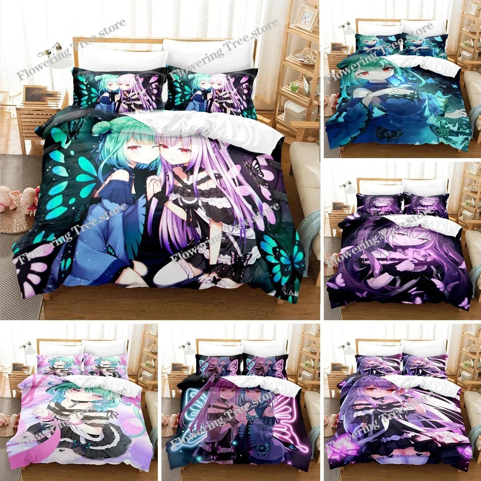 Set di biancheria da letto Uruha Rushia stampato in 3D, copripiumino Anime Hololive Butterfly Girl, copripiumino matrimoniale, singolo, queen, king, per adulti e bambini