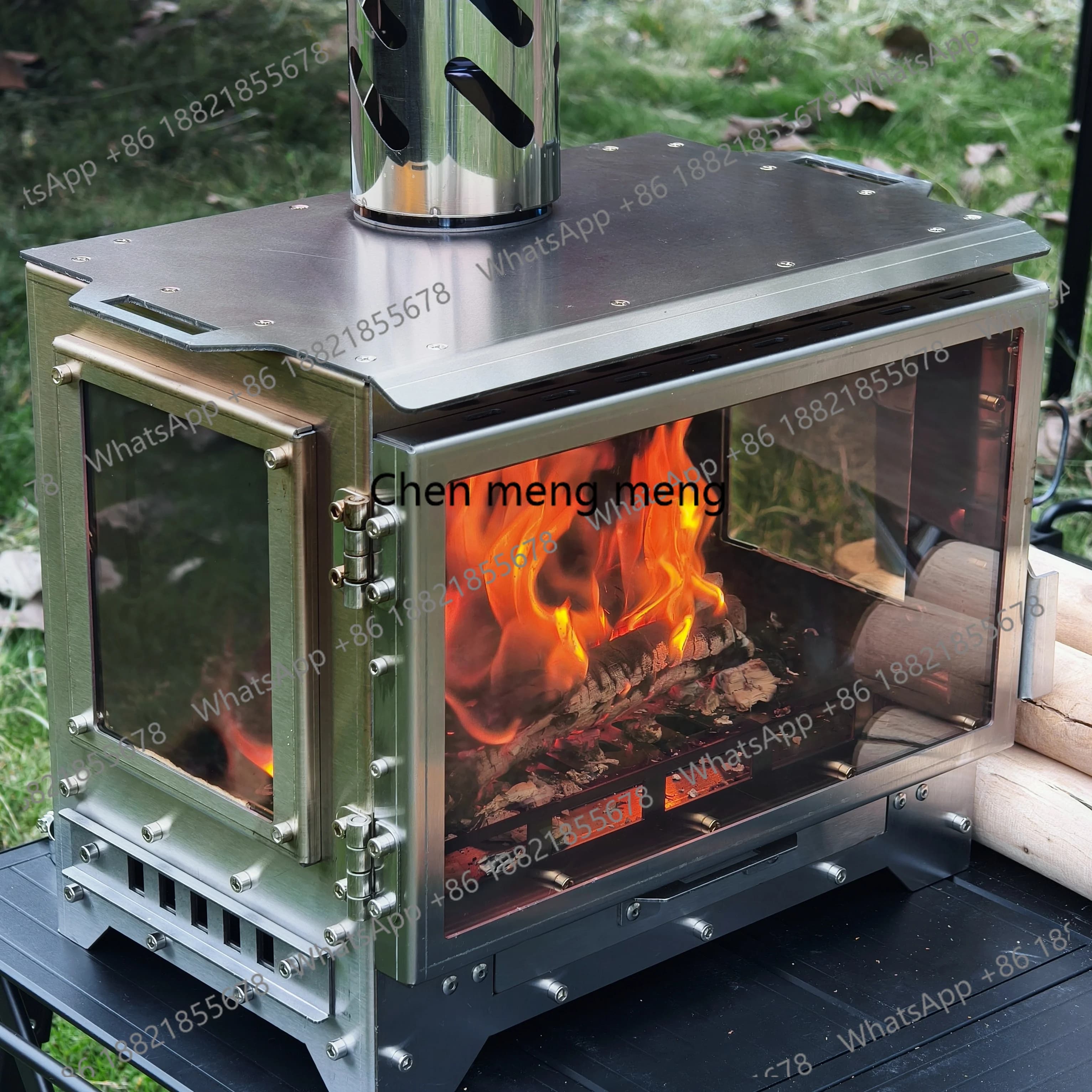 Exterior Wood Stove for Tent, Stainless Steel, with 3 Glasses for Fire Observation, Portable Braciere with Fumaria Canna, Camping Stove