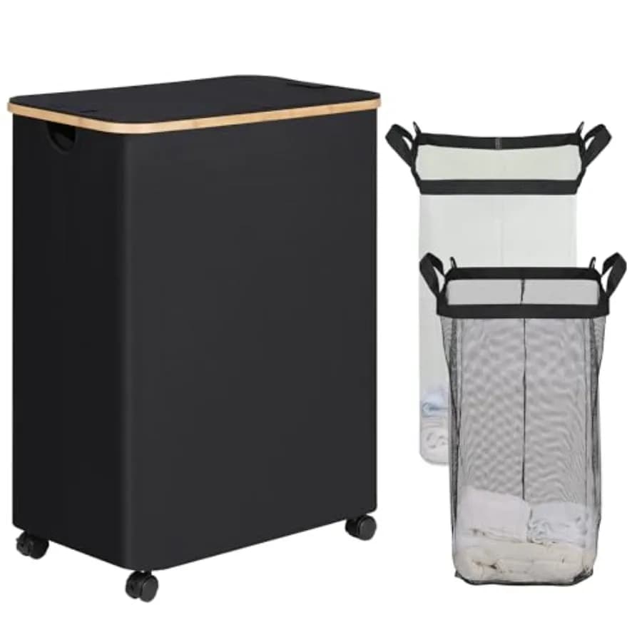 Double Laundry Hamper with Wheels Divided Laundry Hamper with Removable Bags 2 Section Dirty Clothes Basket with Handles for Ba