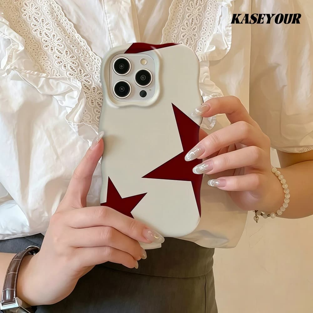 Custodia per telefono lucida 2 in 1 Burgundy Star Fashion per iPhone 13 14 15 16 17 Pro Max, cover posteriore rigida e sottile con bordi ondulati