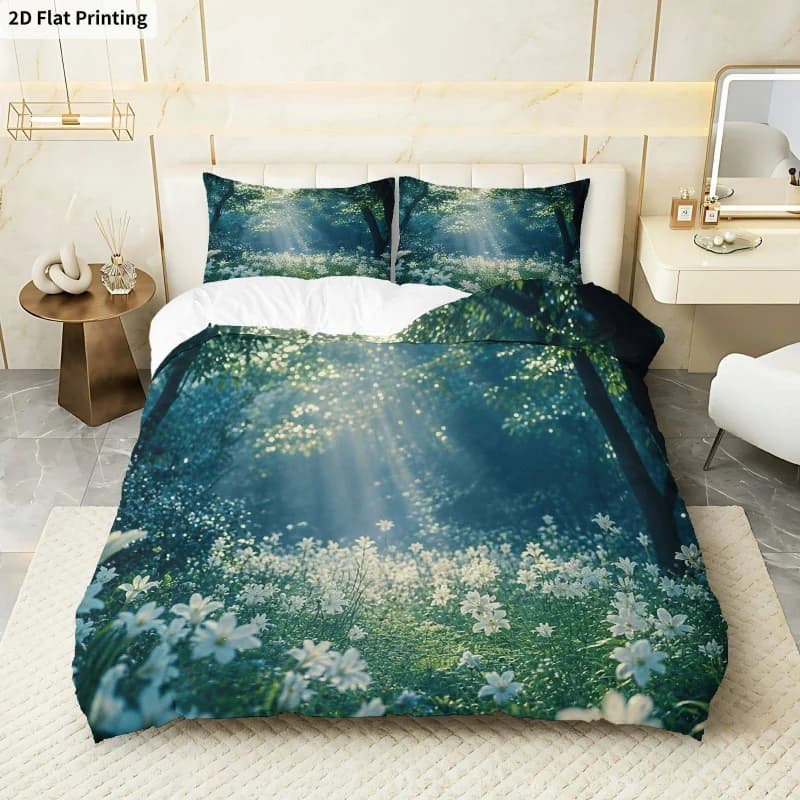 3PCS Duvet Cover, 1 Duvet Cover + 2 Pillowcases (Without Filler) Forest Daisy Field