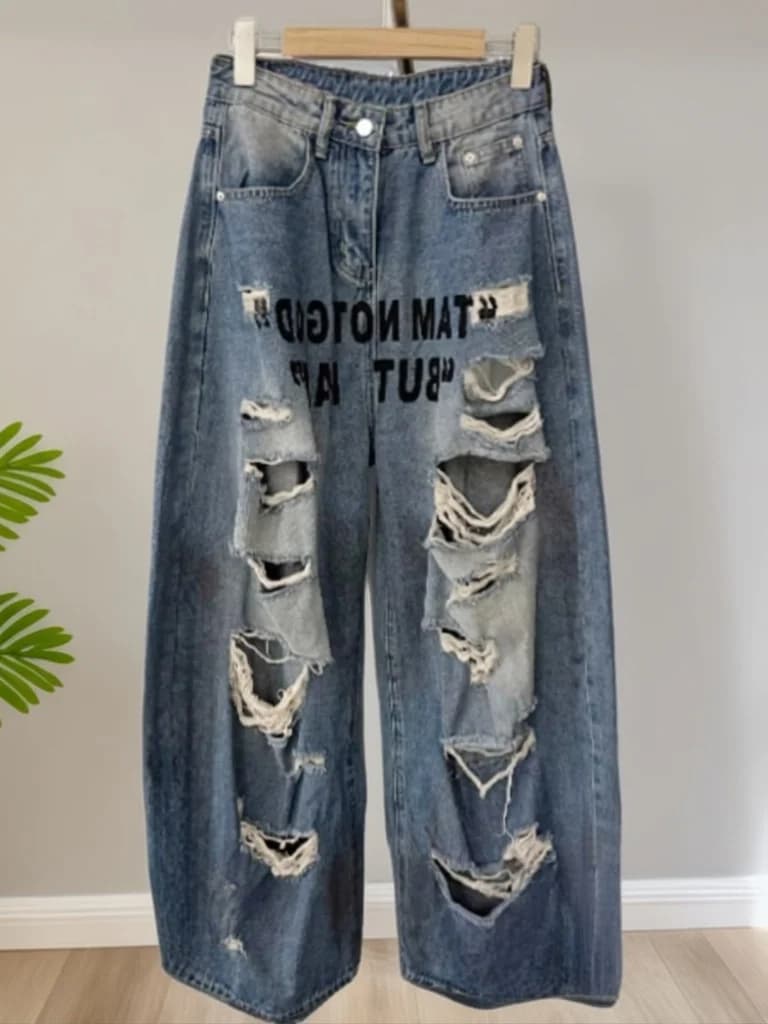 Retro Thin Casual Letter Print Drapey Hole High Waist Loose Slim Wide Leg Jeans Summer Breathable Loose Fit High Waist Jeans