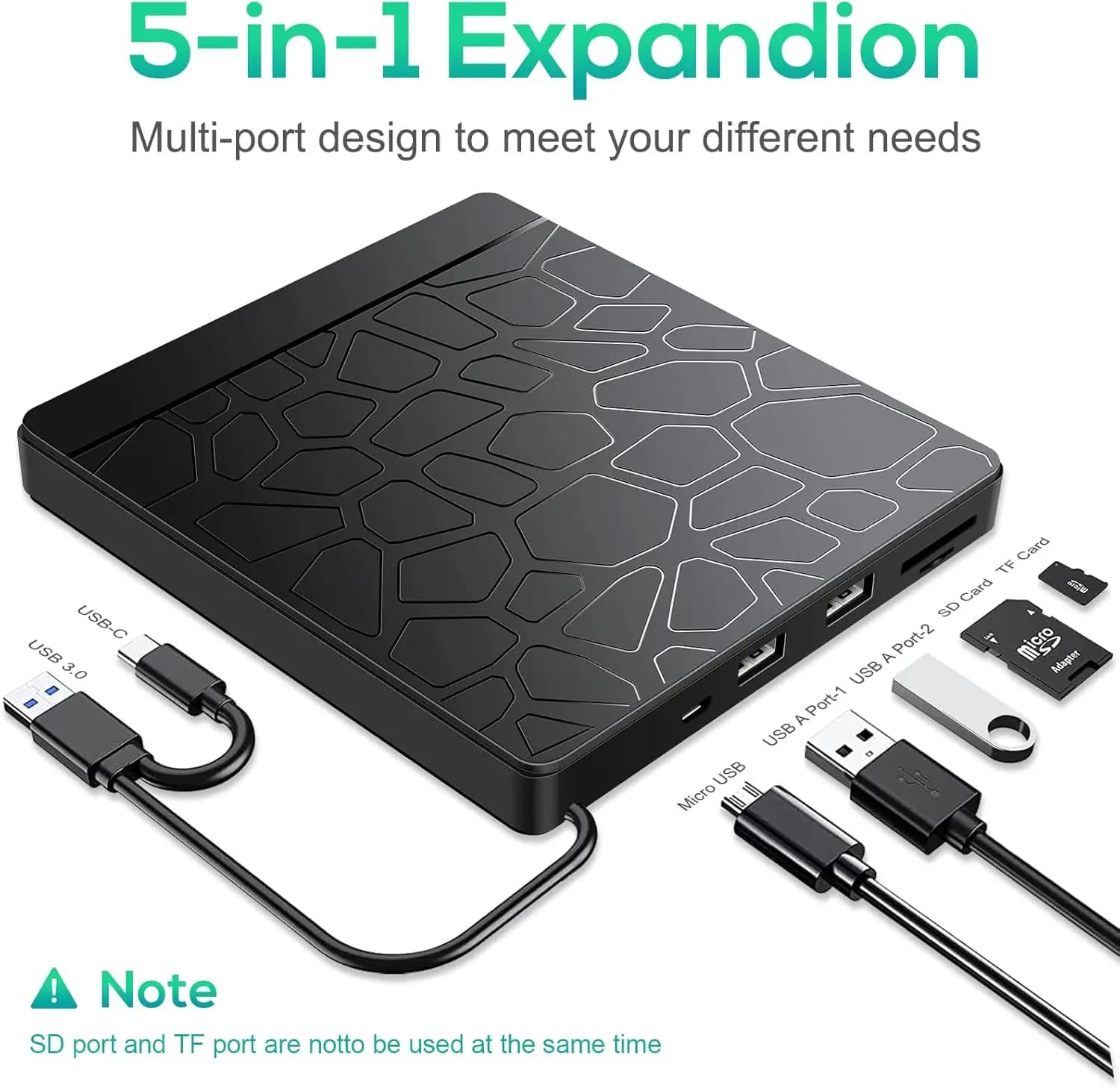 External CD DVD Drive with SD TF Slot & USB Ports, USB 3.0 Type-C Portable CD DVD +/-RW Drive Reader Burner Rewriter for laptop